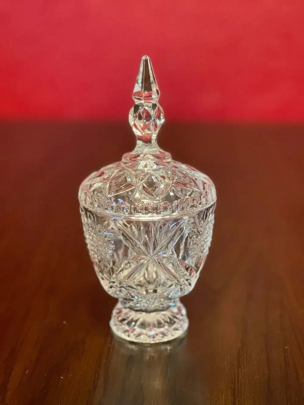 Vintage Footed Cut Lead Crystal Lidded Candy Dish with Pinwheel and Hobstar Desi